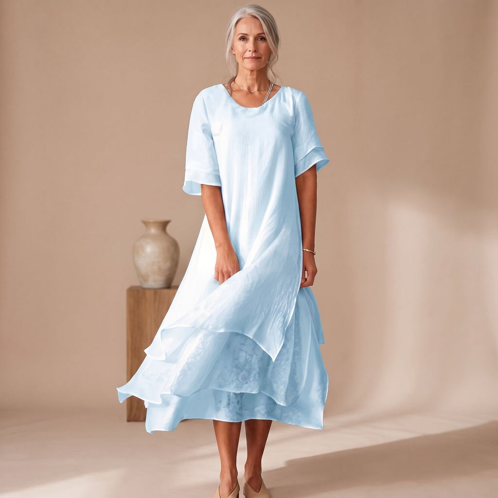 Women's Loose Layered Midi Dress Round Neck Short Sleeve - Blue
