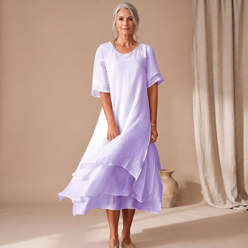 Women's Loose Layered Midi Dress Round Neck Short Sleeve - Purple