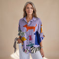 Women's Loose Printed Button-Up Dog Print Blouse - Purple