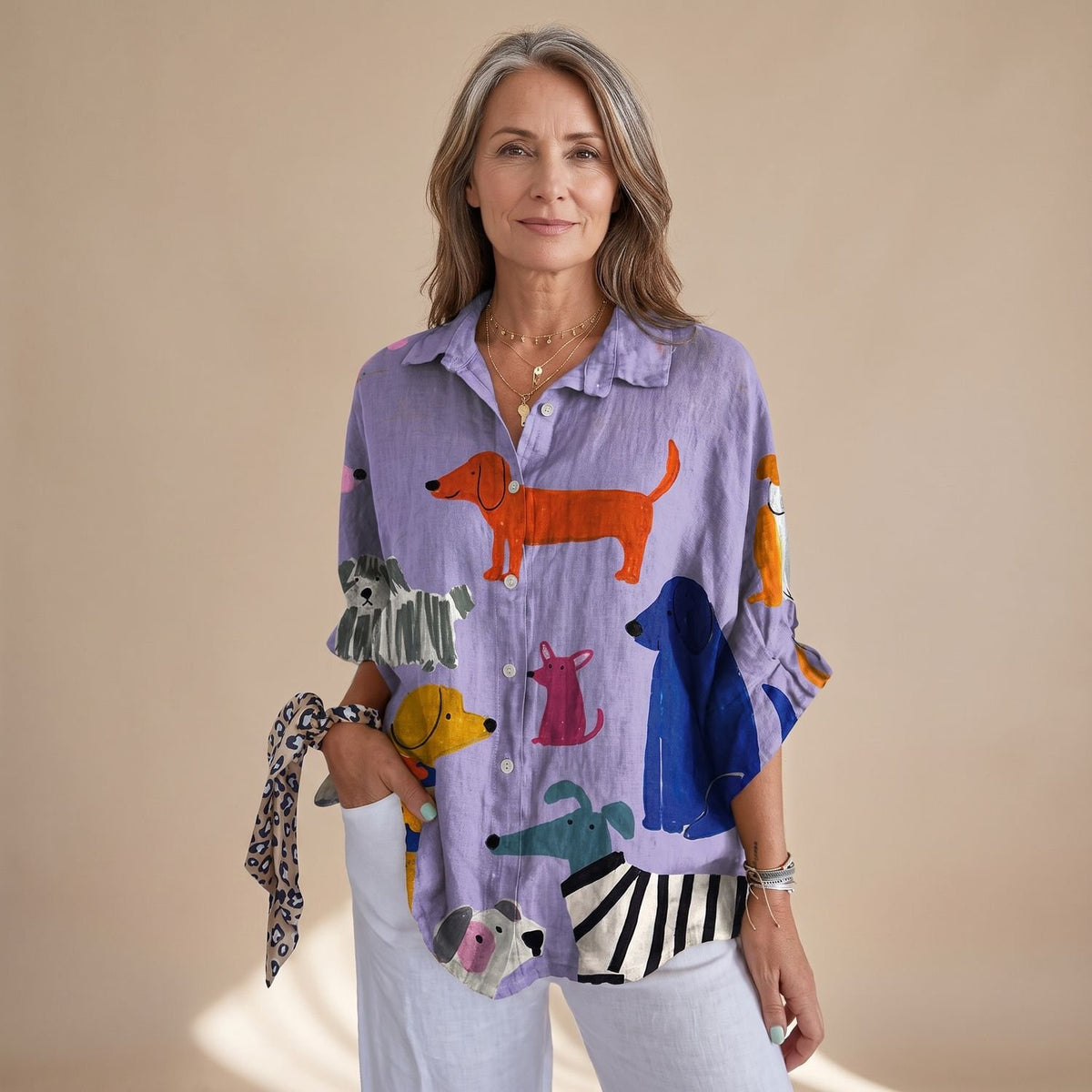 Women's Loose Printed Button-Up Dog Print Blouse - Purple