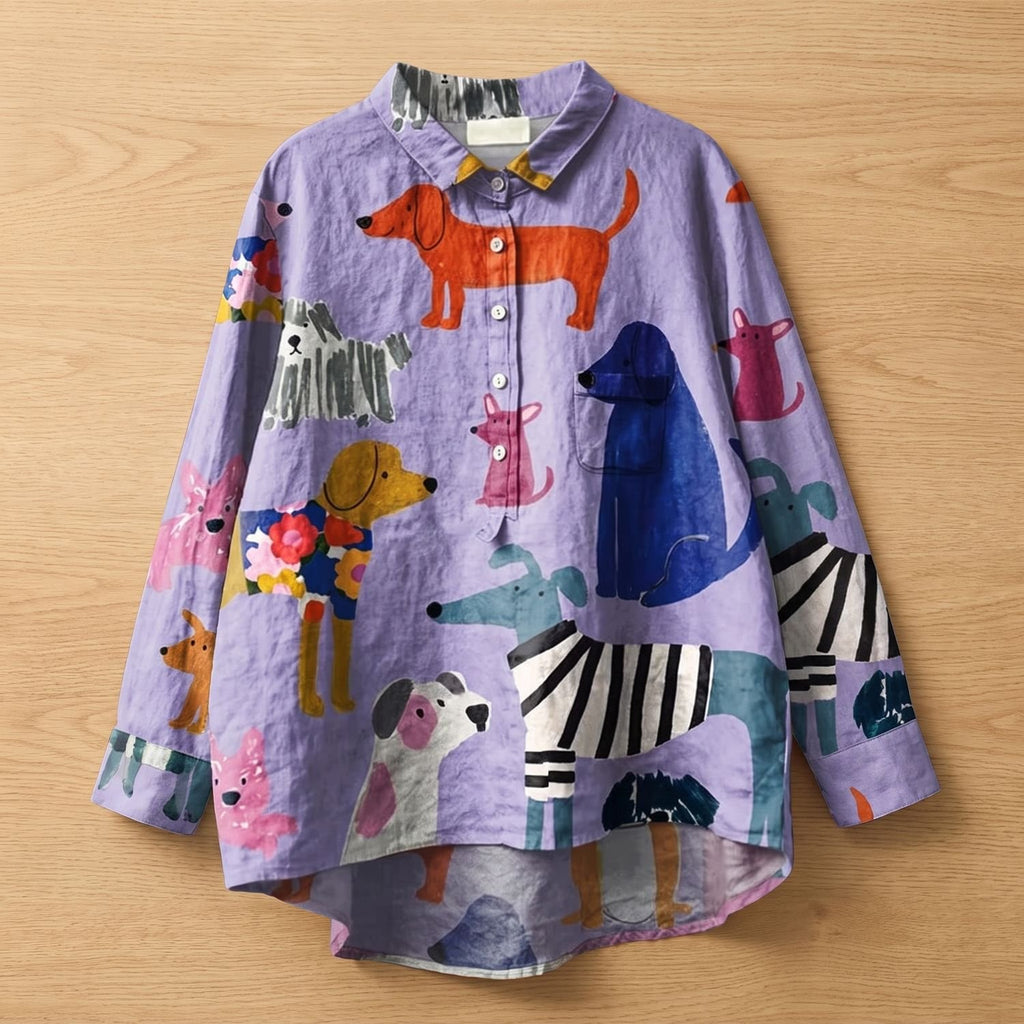 Women's Loose Printed Button-Up Dog Print Blouse