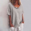 Women's Loose Short-Sleeve Ruffled V-Neck Linen Blend Blouse - Gray