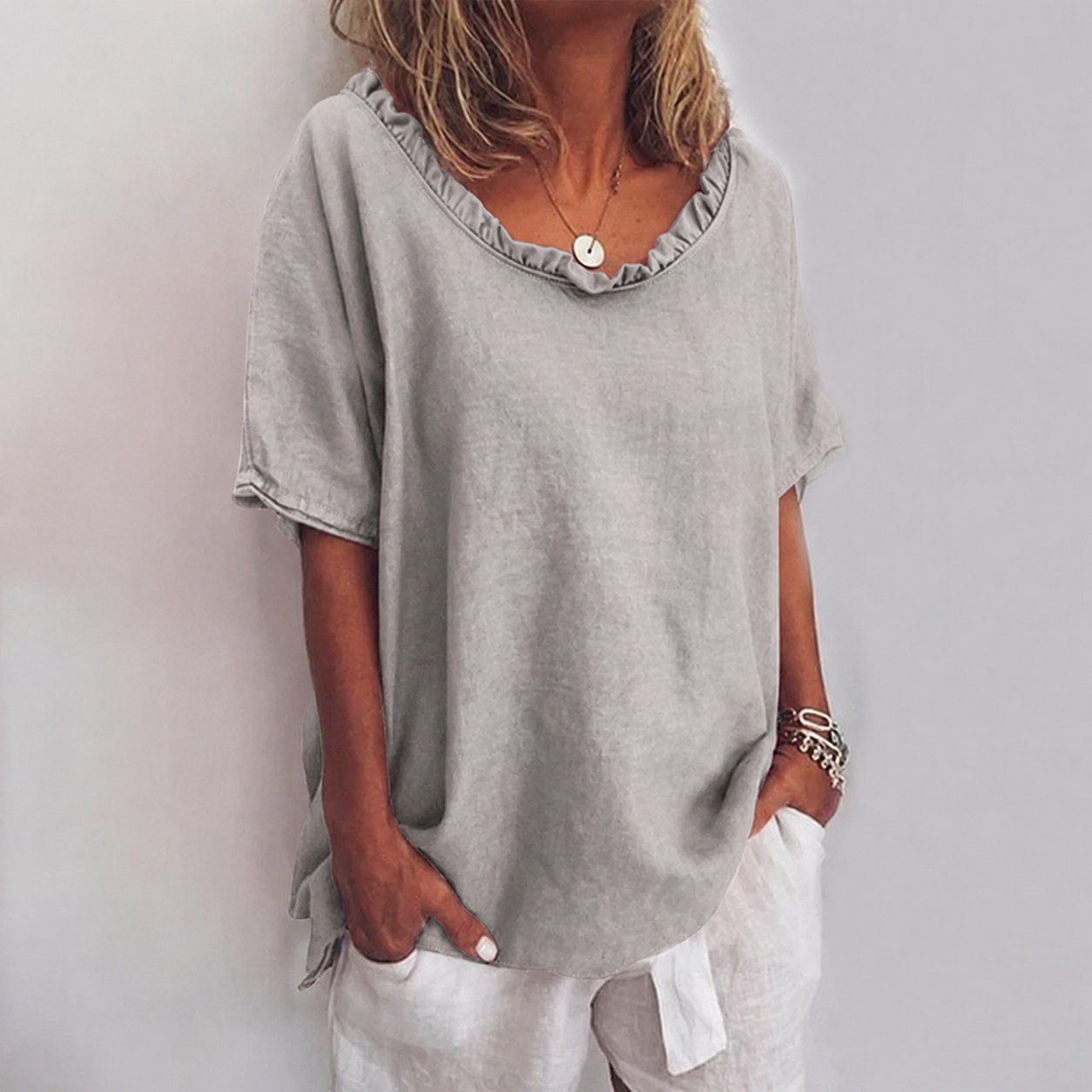 Women's Loose Short-Sleeve Ruffled V-Neck Linen Blend Blouse - Gray