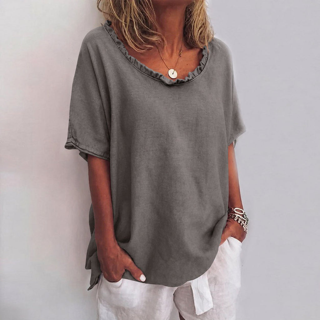 Women's Loose Short-Sleeve Ruffled V-Neck Linen Blend Blouse - Dark Gray