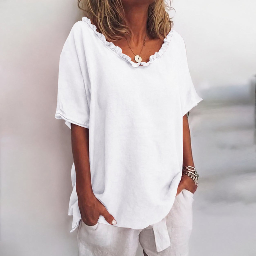 Women's Loose Short-Sleeve Ruffled V-Neck Linen Blend Blouse - White