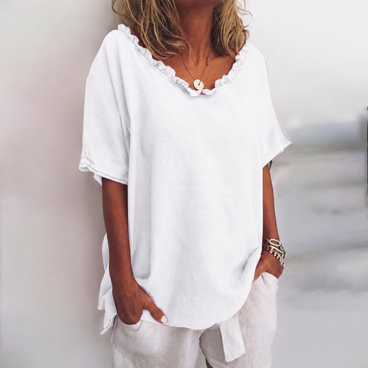 Women's Loose Short-Sleeve Ruffled V-Neck Linen Blend Blouse - White