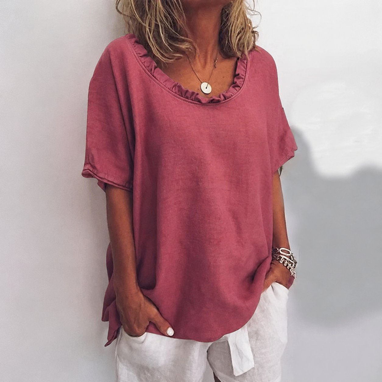 Women's Loose Short-Sleeve Ruffled V-Neck Linen Blend Blouse - Dark Pink