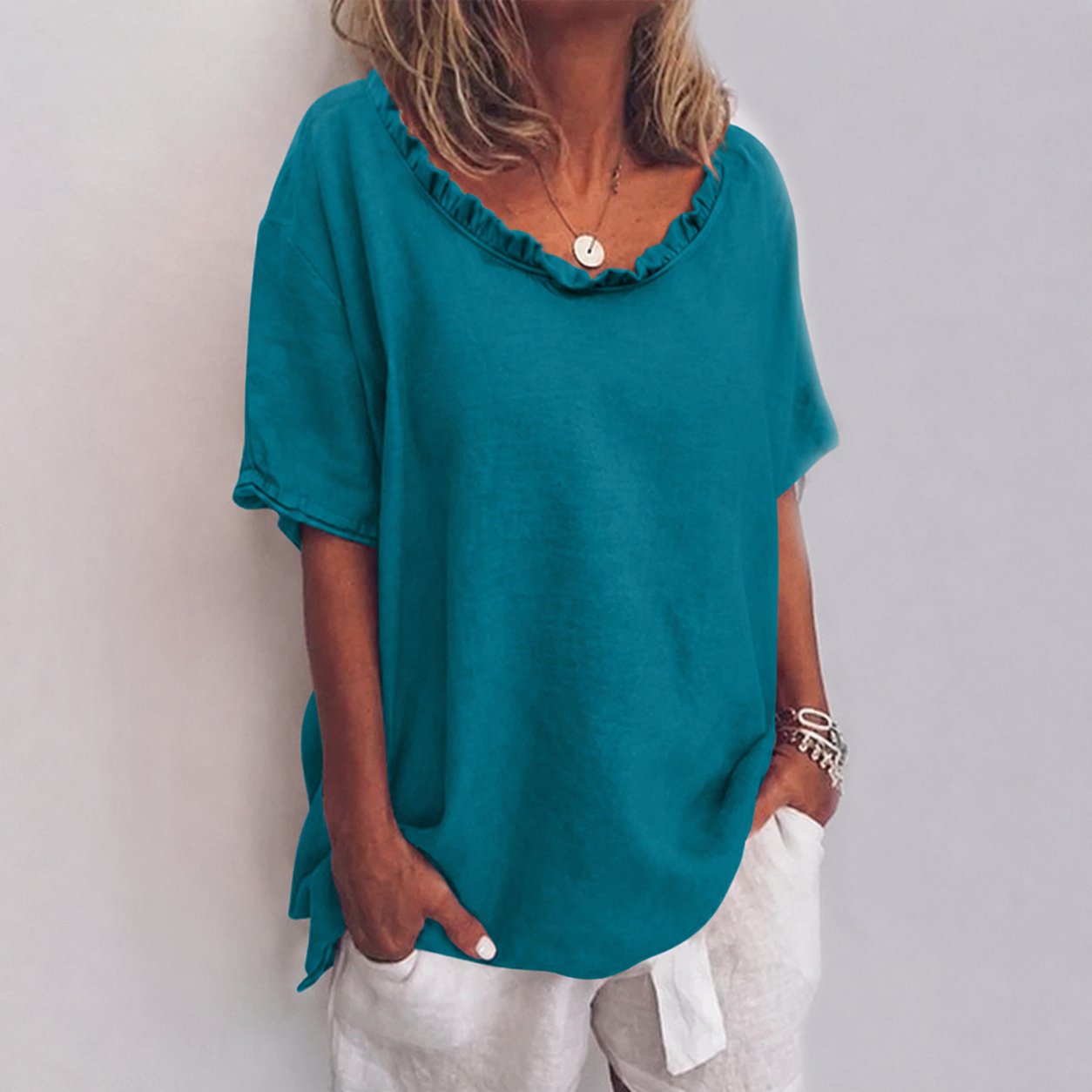 Women's Loose Short-Sleeve Ruffled V-Neck Linen Blend Blouse - Sea Blue
