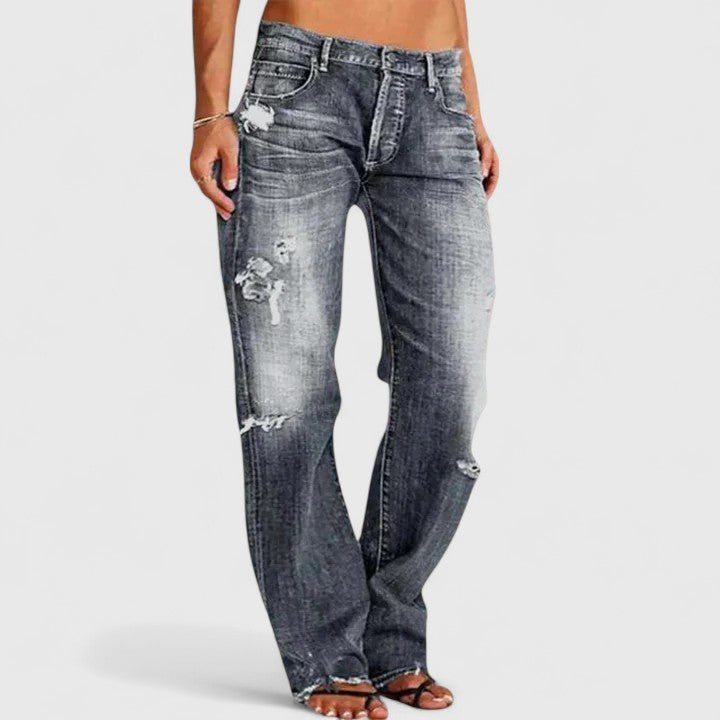 Women's Low-Rise Distressed Straight-Leg Jeans - Gray