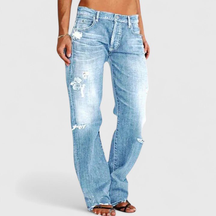 Women's Low-Rise Distressed Straight-Leg Jeans - Light Blue