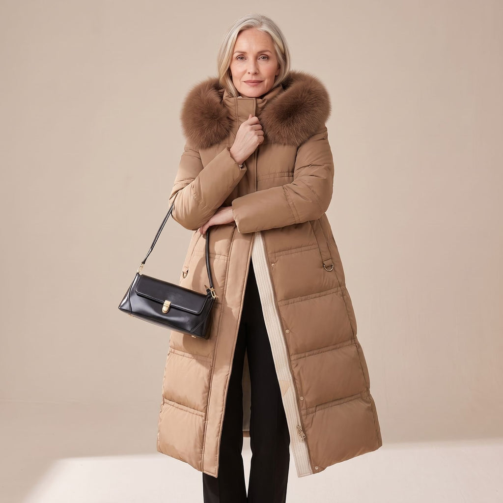 Women's Luxury Parka Fur-Hood Long Quilted Winter Coat - Brown