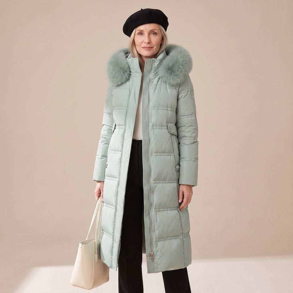 Women's Luxury Parka Fur-Hood Long Quilted Winter Coat - Blue