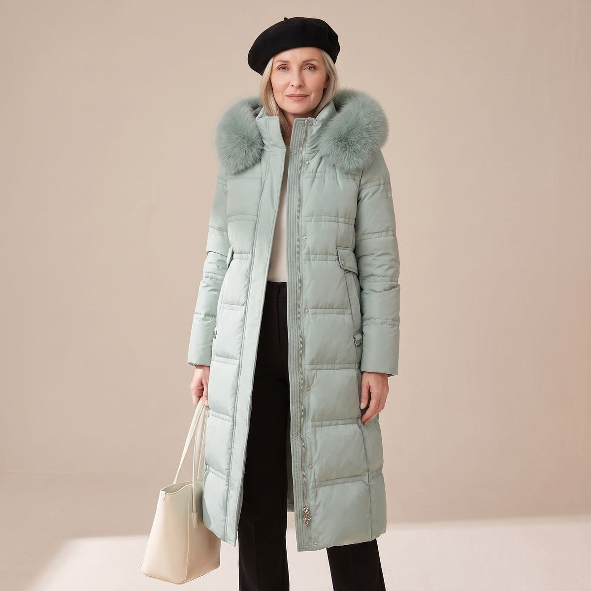 Women's Luxury Parka Fur-Hood Long Quilted Winter Coat - Blue