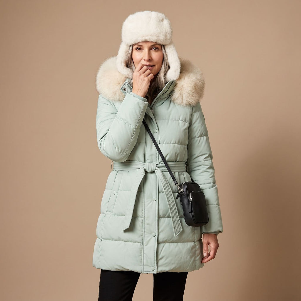 Women's Luxury Parka Fur-Hood Long Quilted Winter Coat - Blue and White