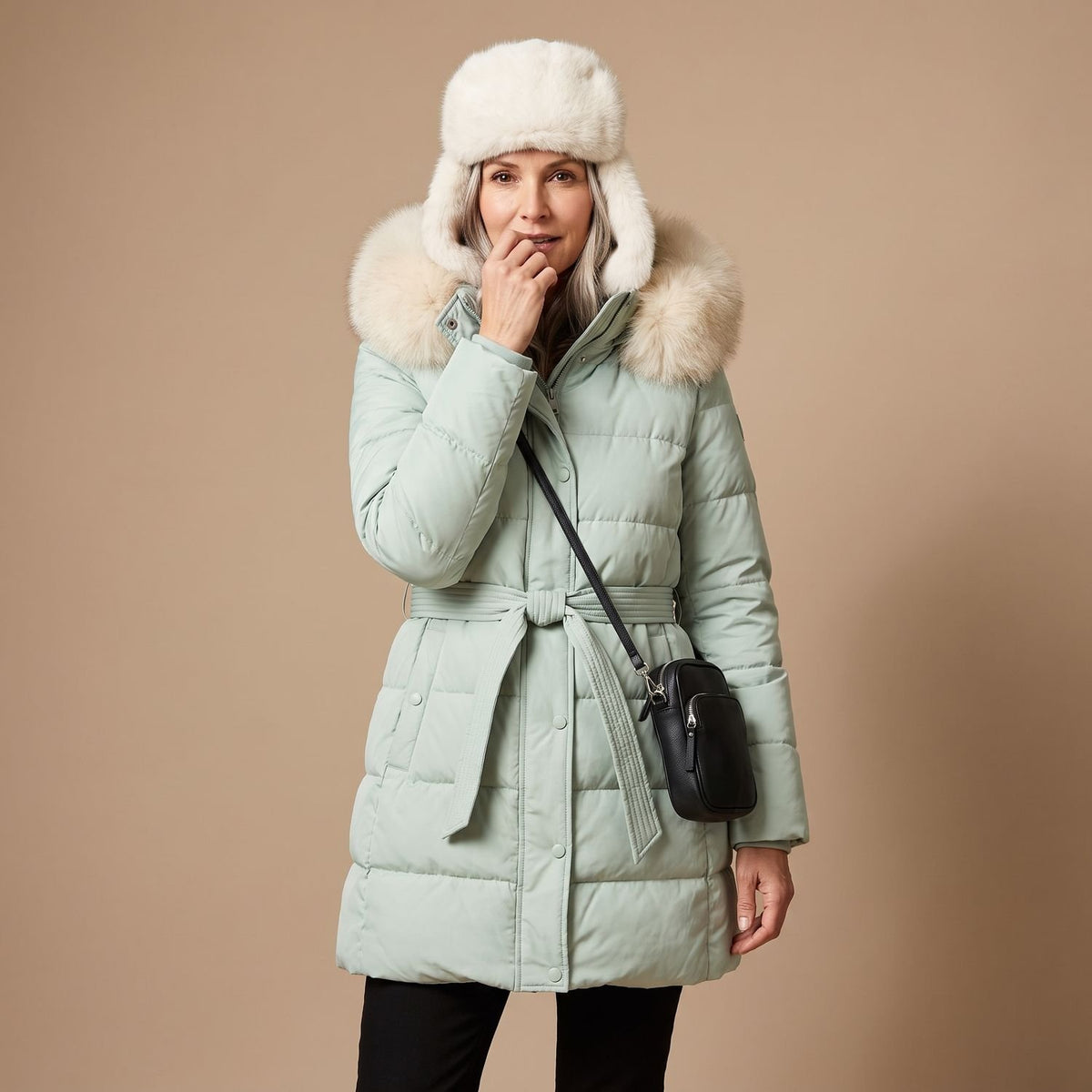 Women's Luxury Parka Fur-Hood Long Quilted Winter Coat - Blue and White