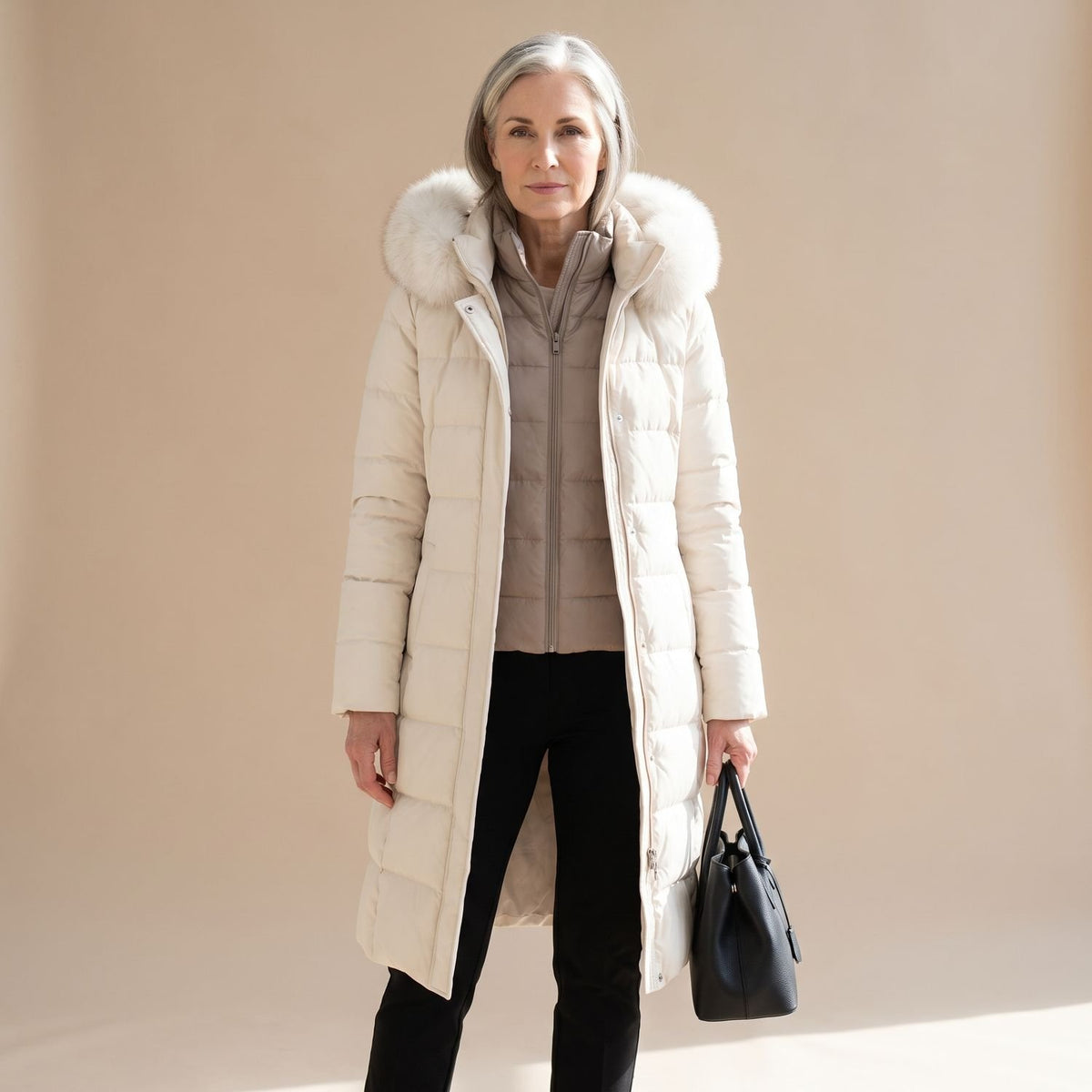 Women's Luxury Parka Fur-Hood Long Quilted Winter Coat - White