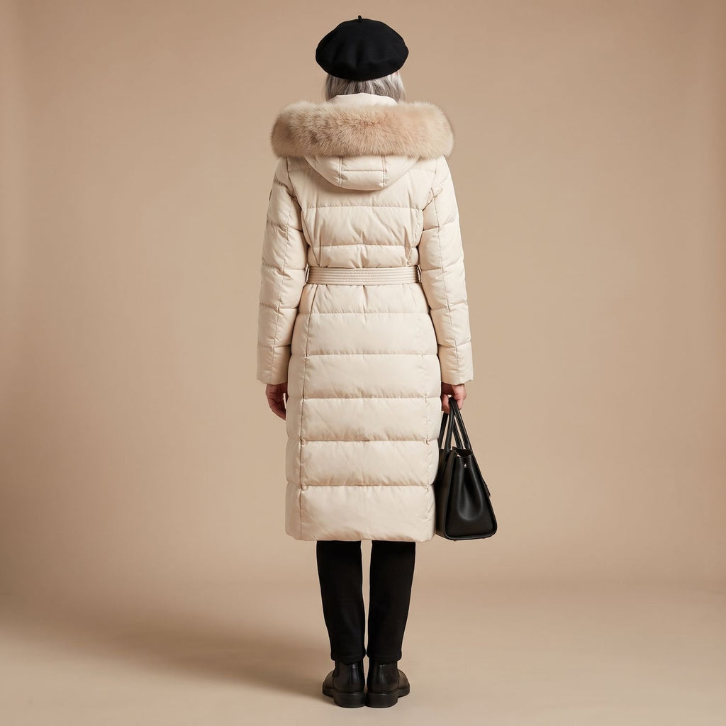 Women's Luxury Parka Fur-Hood Long Quilted Winter Coat - White and Beige