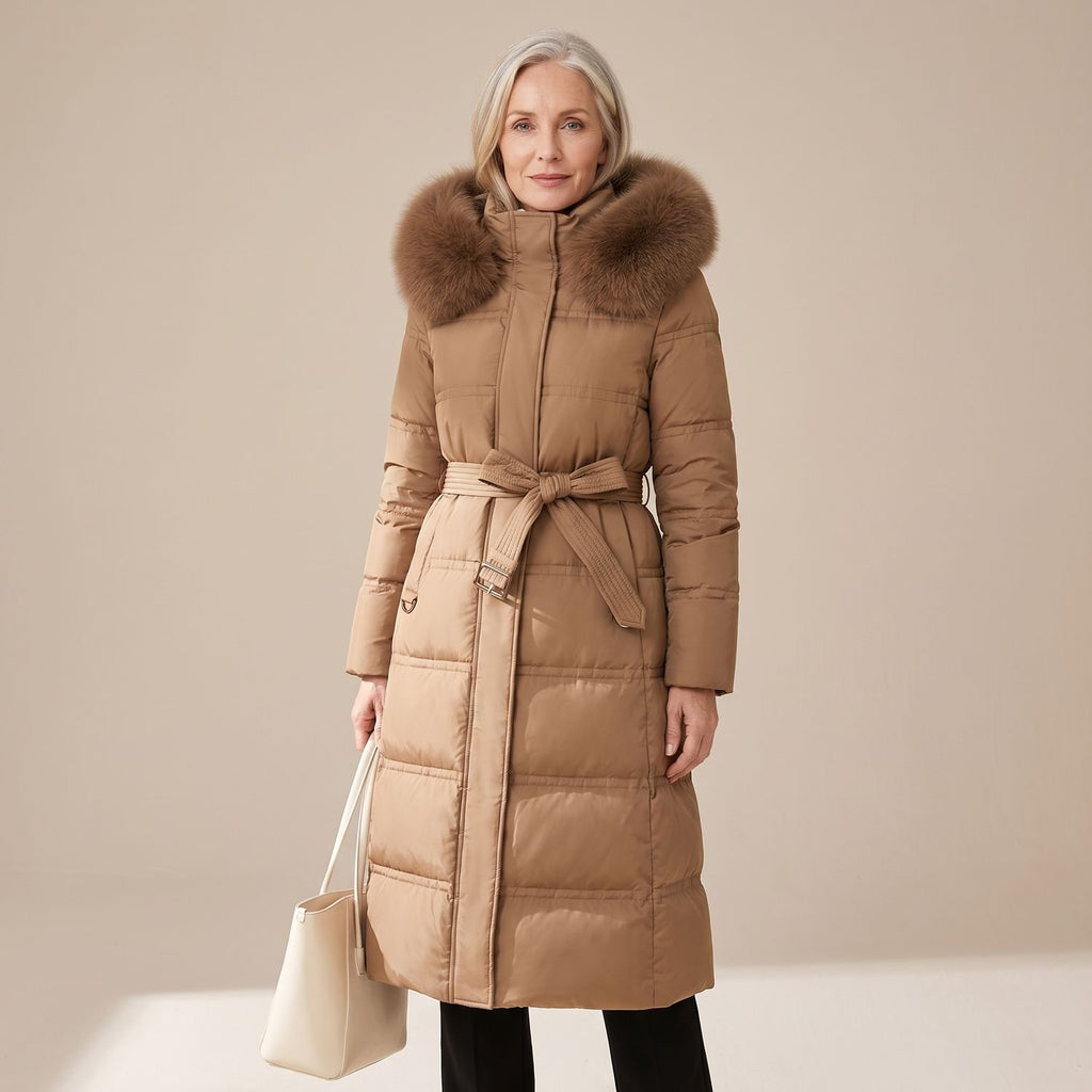 Women's Luxury Parka Fur-Hood Long Quilted Winter Coat - Brown and Beige