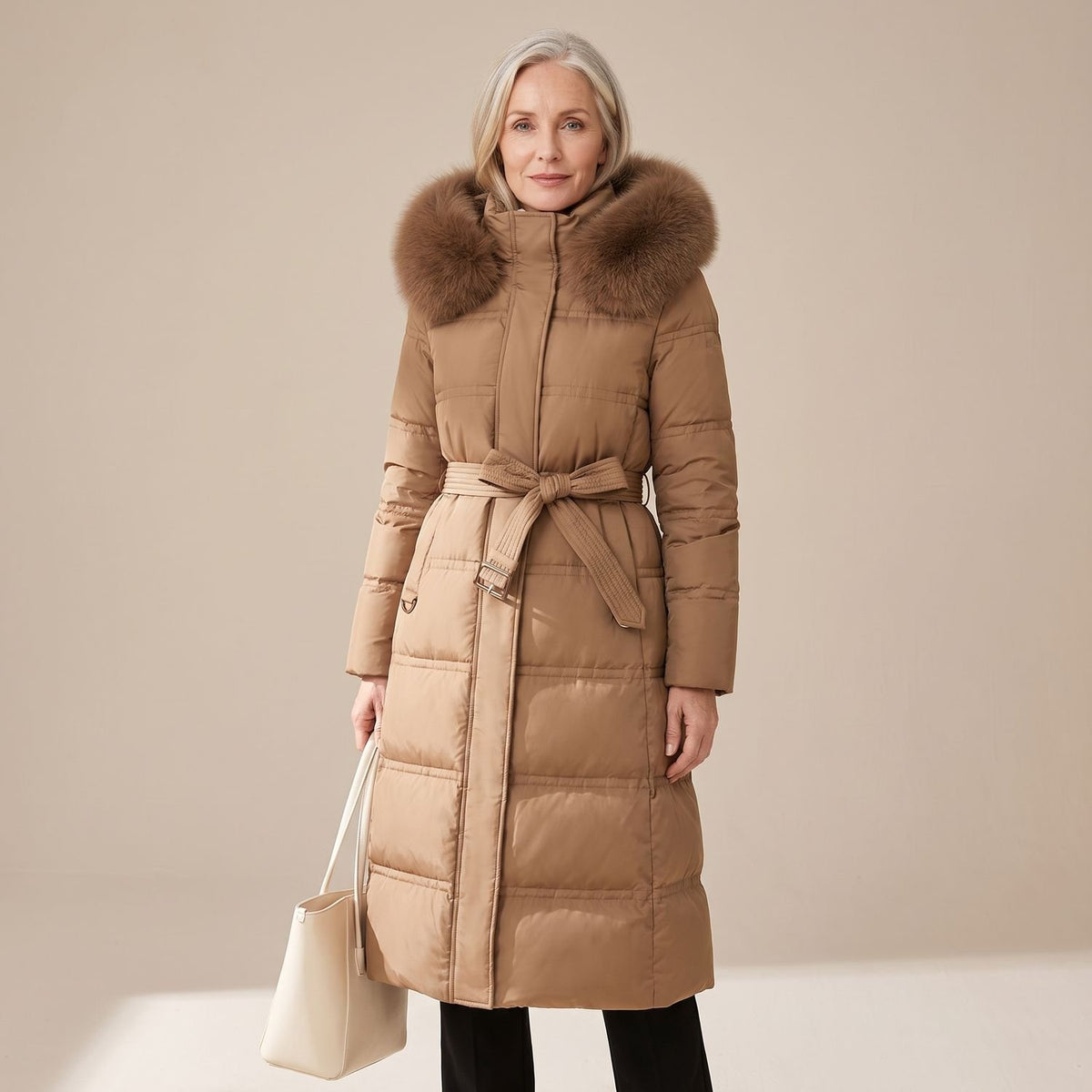 Women's Luxury Parka Fur-Hood Long Quilted Winter Coat - Brown and Beige