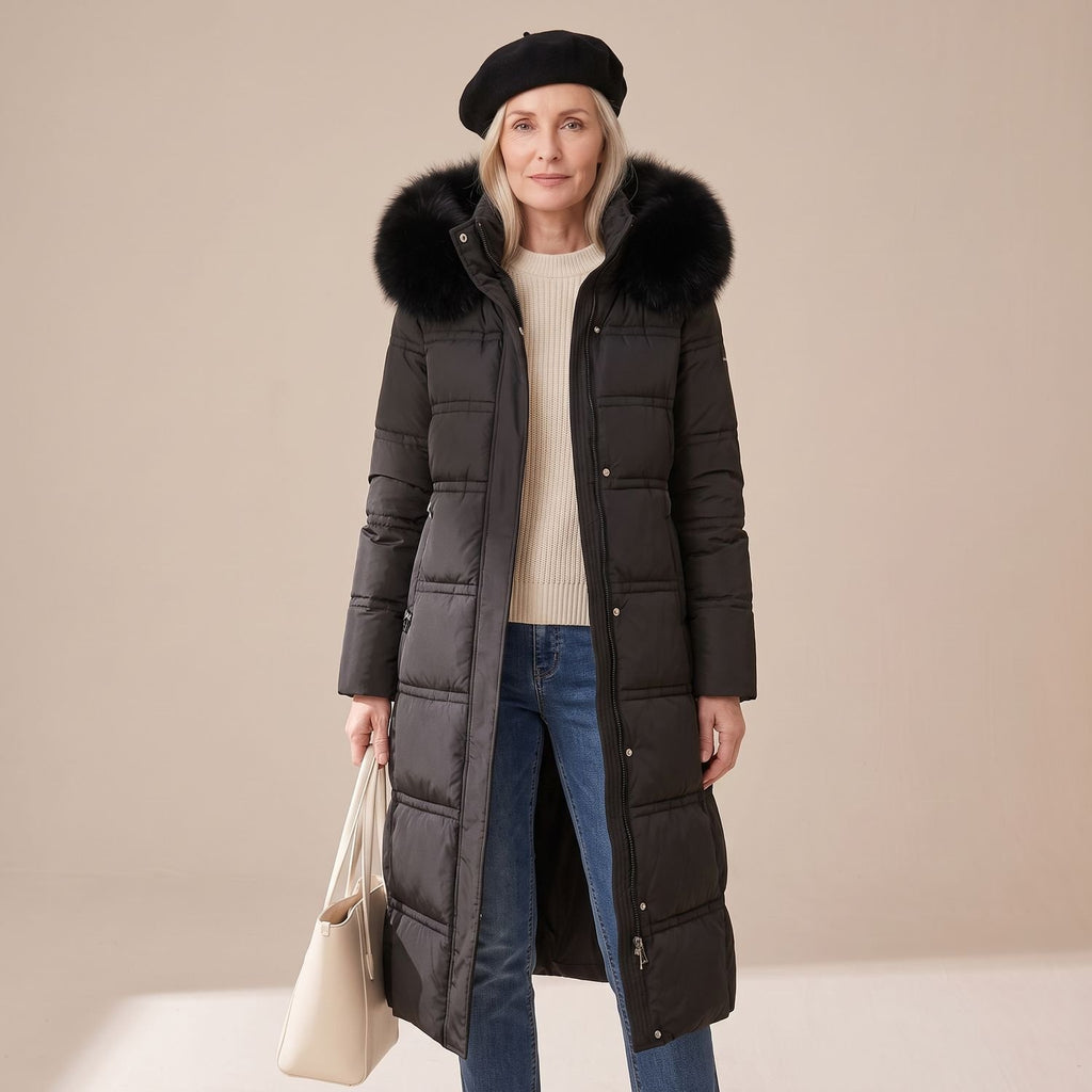 Women's Luxury Parka Fur-Hood Long Quilted Winter Coat - Black