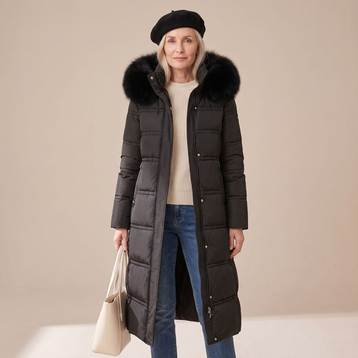 Women's Luxury Parka Fur-Hood Long Quilted Winter Coat - Black