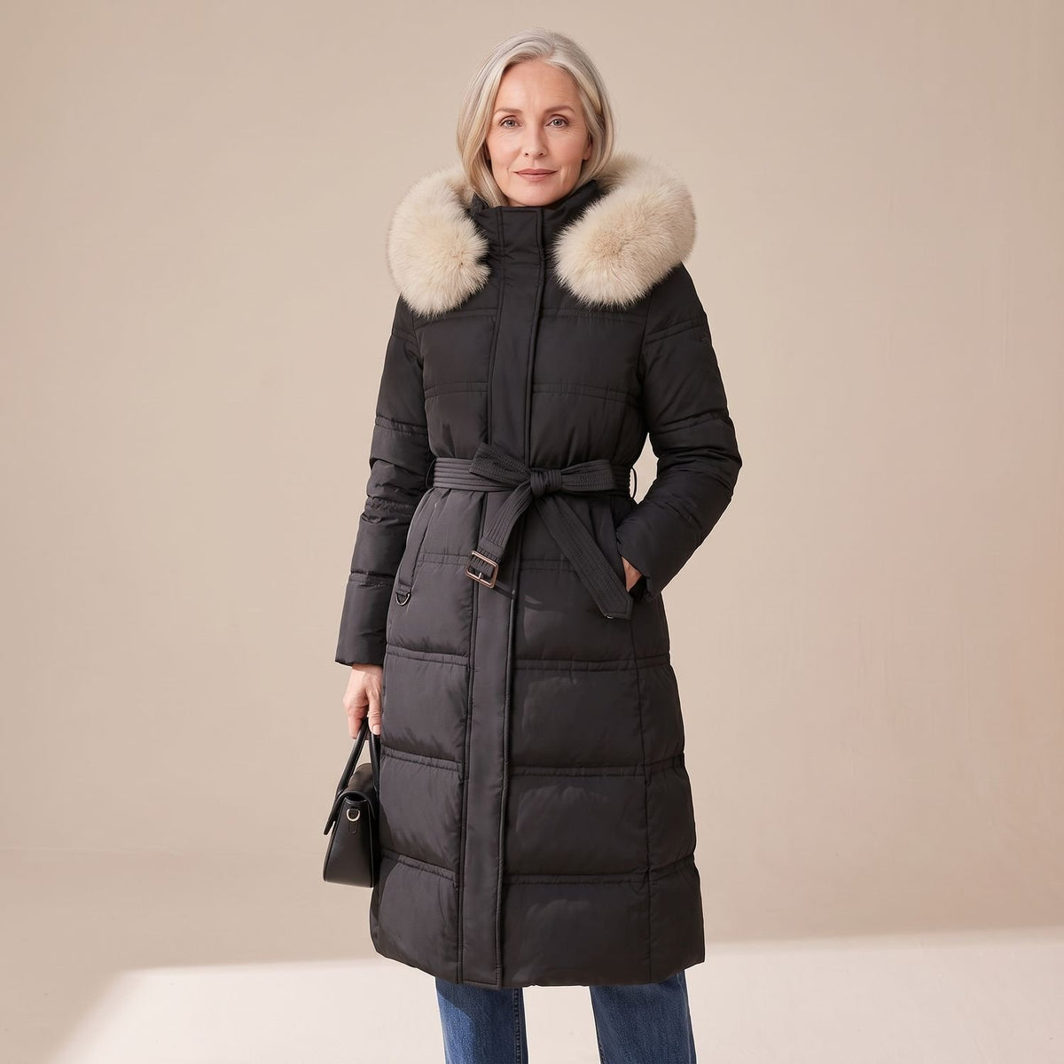Women's Luxury Parka Fur-Hood Long Quilted Winter Coat - Black and White