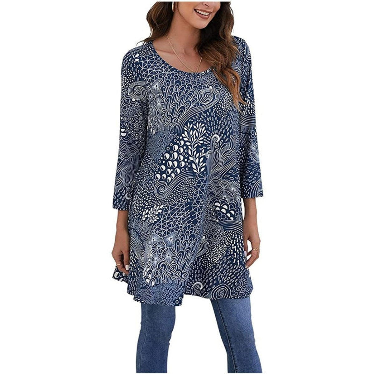 Women's Mandala Print Swing Tunic 3/4 Sleeve Flared Top - A12