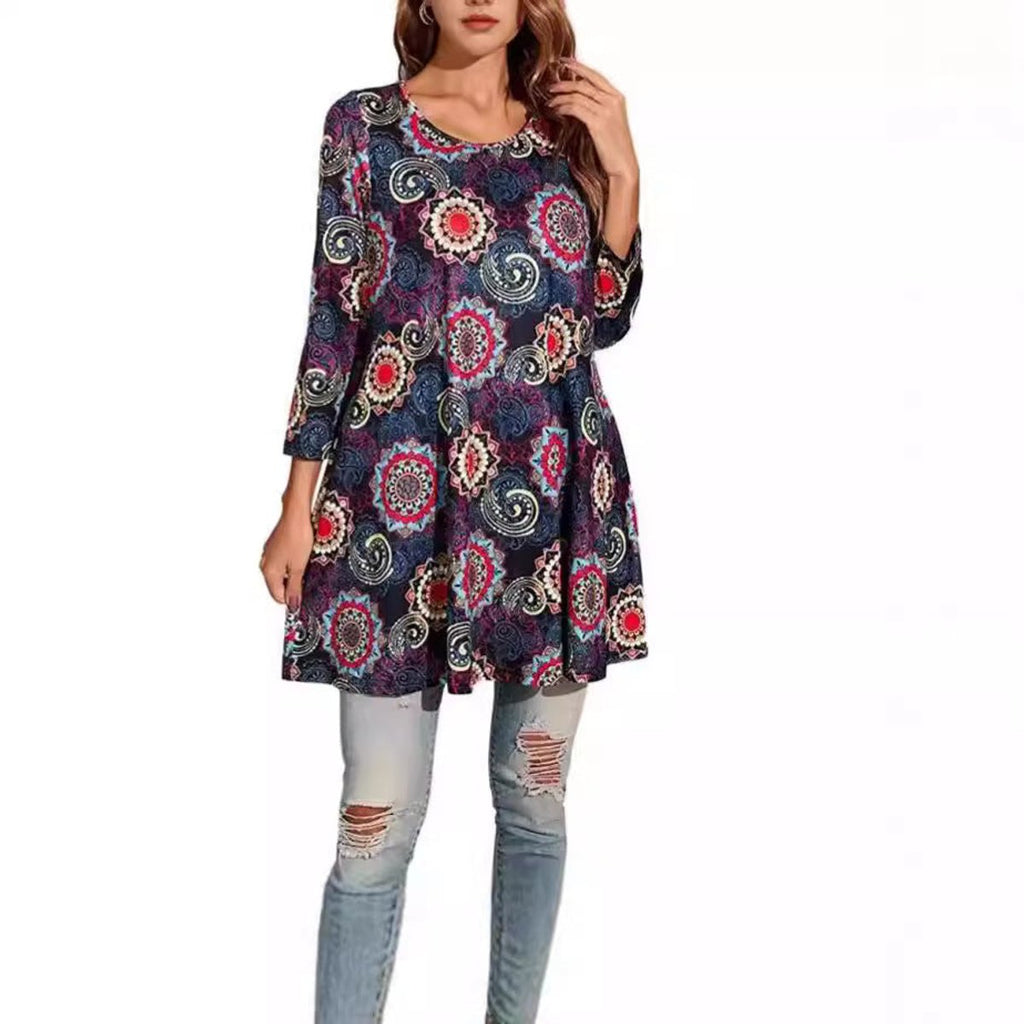 Women's Mandala Print Swing Tunic 3/4 Sleeve Flared Top