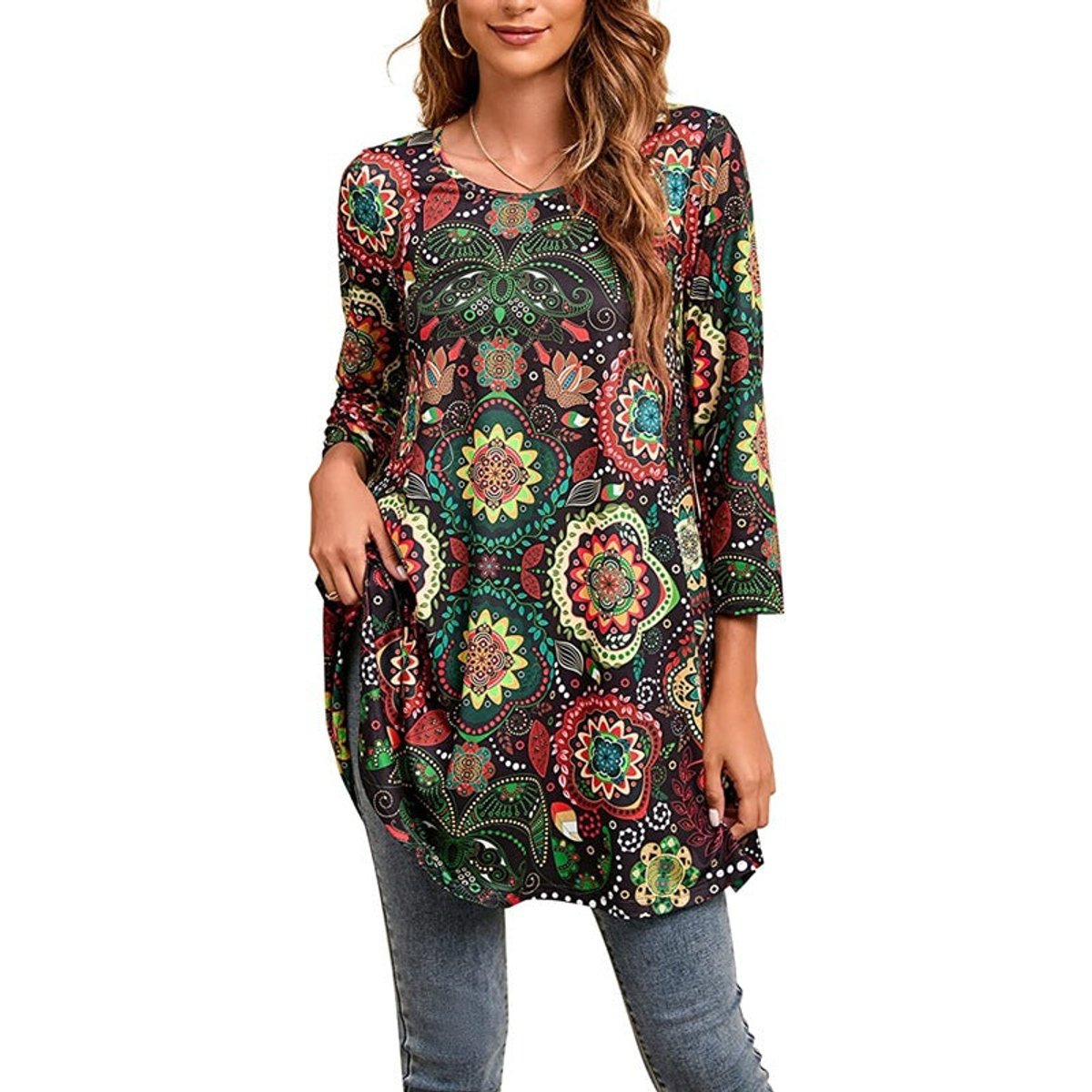 Women's Mandala Print Swing Tunic 3/4 Sleeve Flared Top - A16