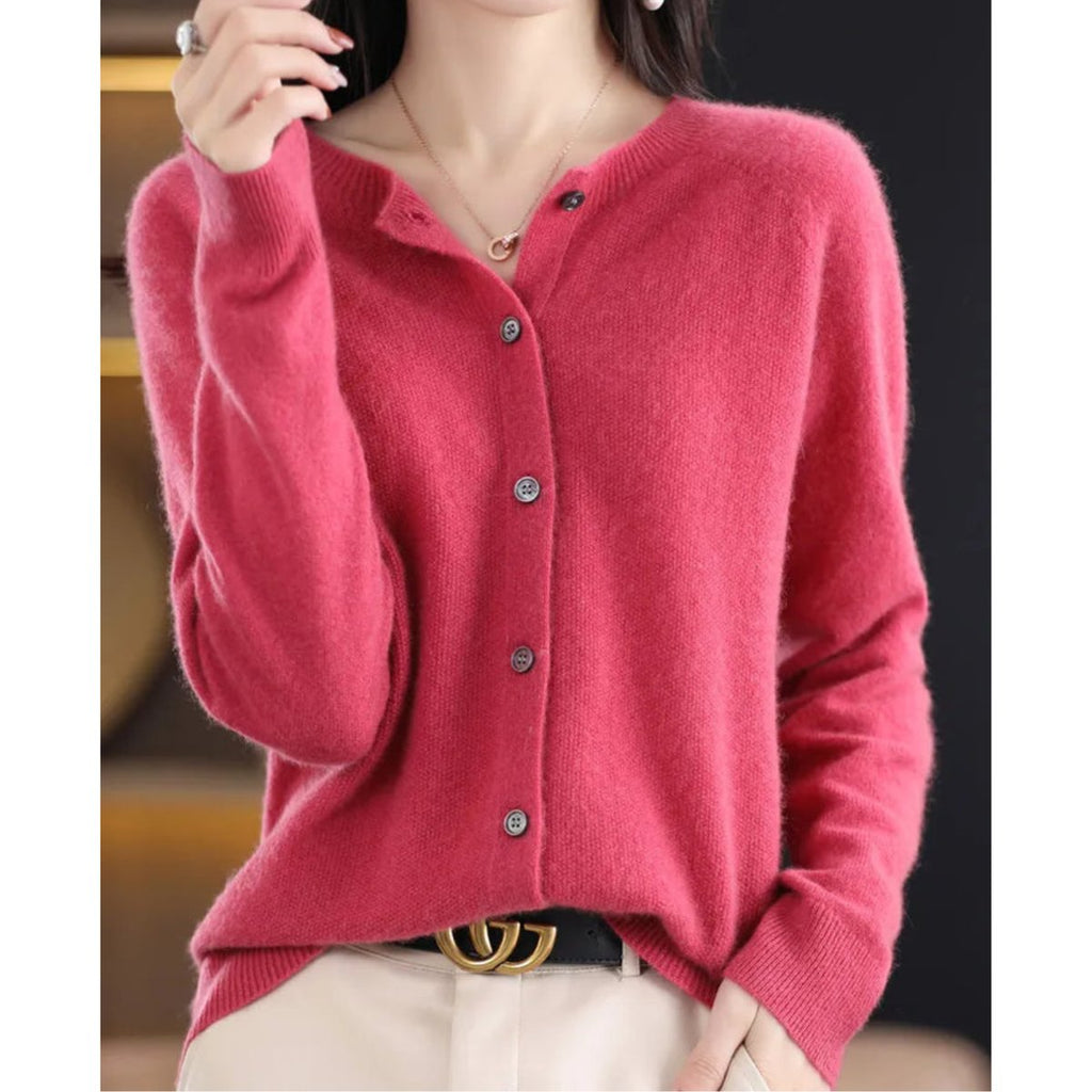 Women's Merino Wool Button-Front O-Neck Knit Cardigan - Dark Pink