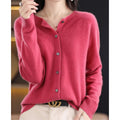 Women's Merino Wool Button-Front O-Neck Knit Cardigan - Dark Pink