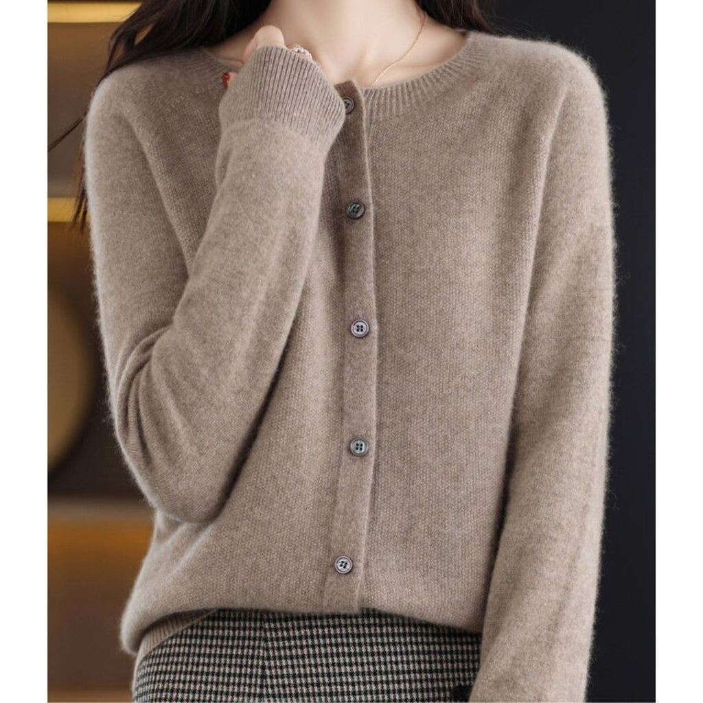 Women's Merino Wool Button-Front O-Neck Knit Cardigan - Brown
