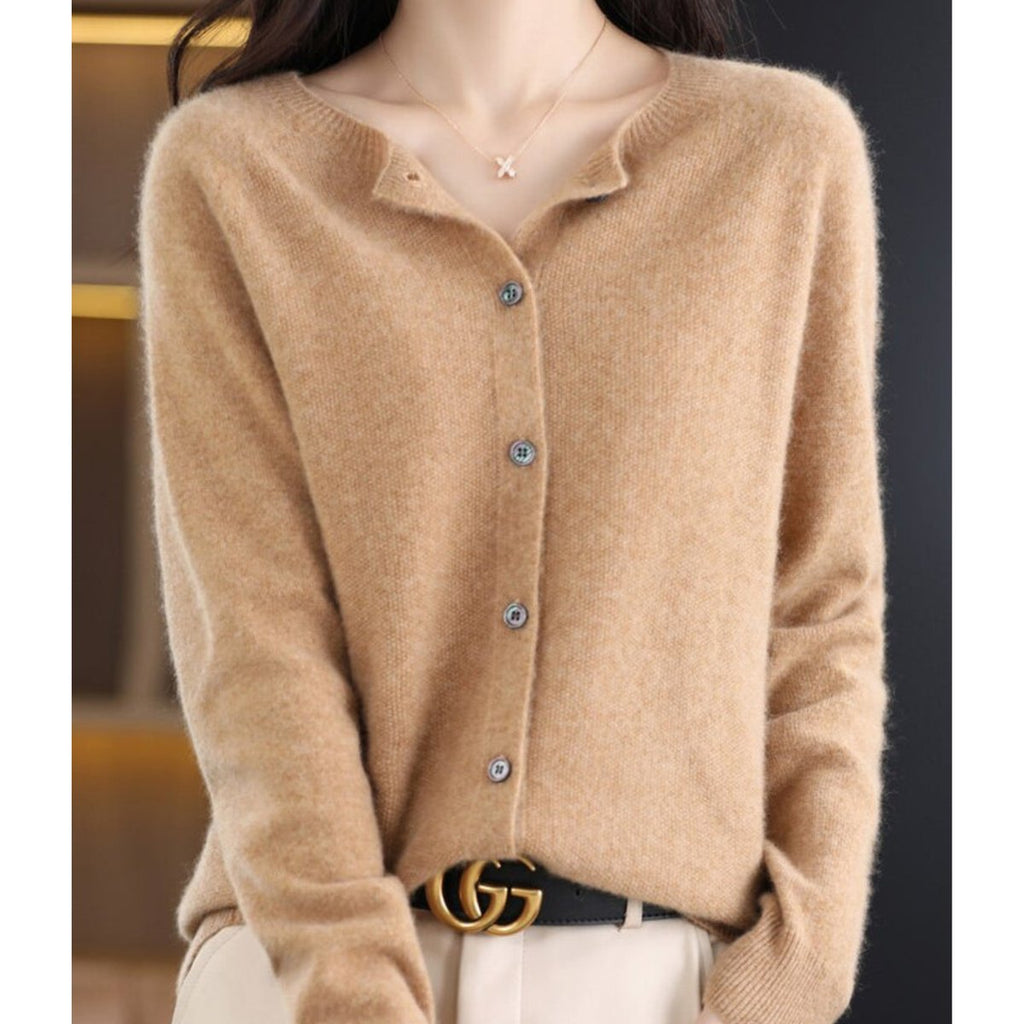 Women's Merino Wool Button-Front O-Neck Knit Cardigan - Light Brown