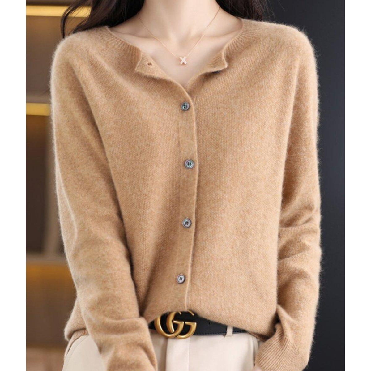 Women's Merino Wool Button-Front O-Neck Knit Cardigan - Light Brown