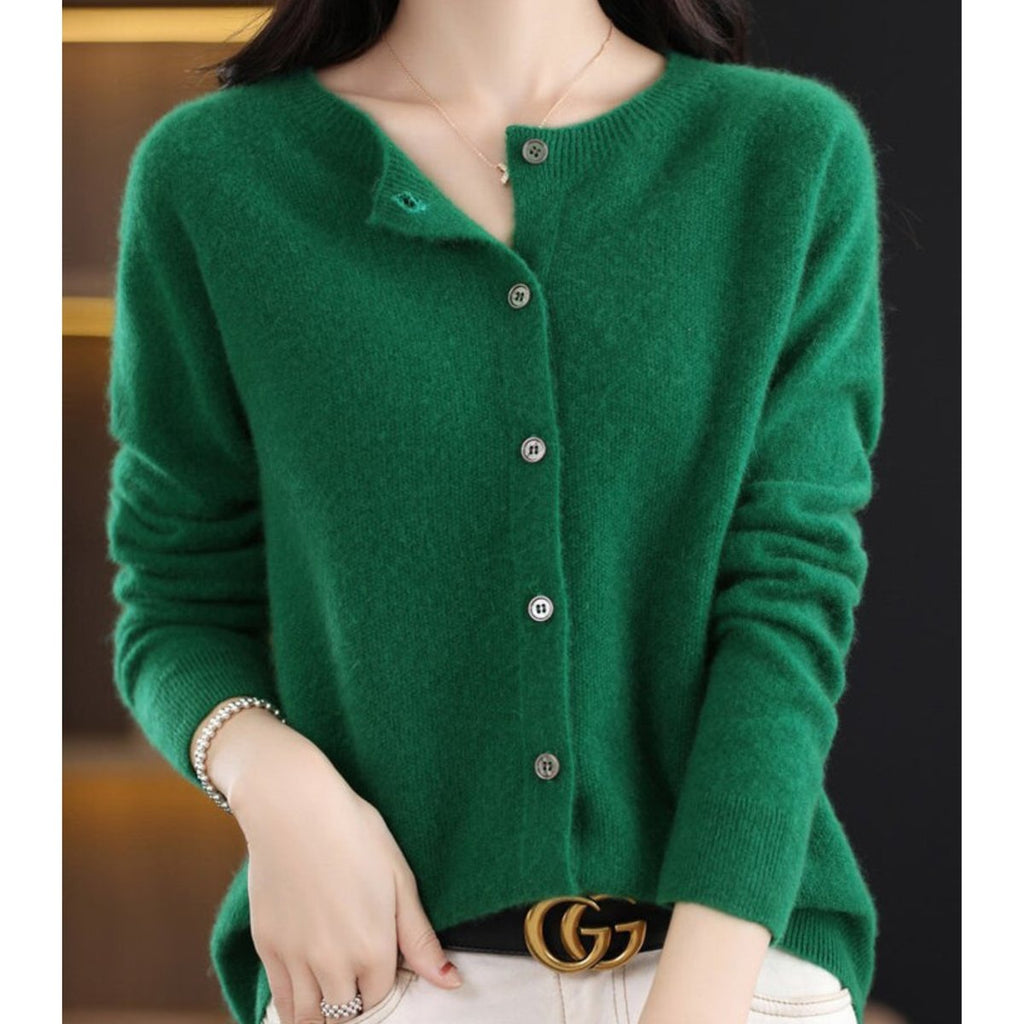 Women's Merino Wool Button-Front O-Neck Knit Cardigan - Dark Green