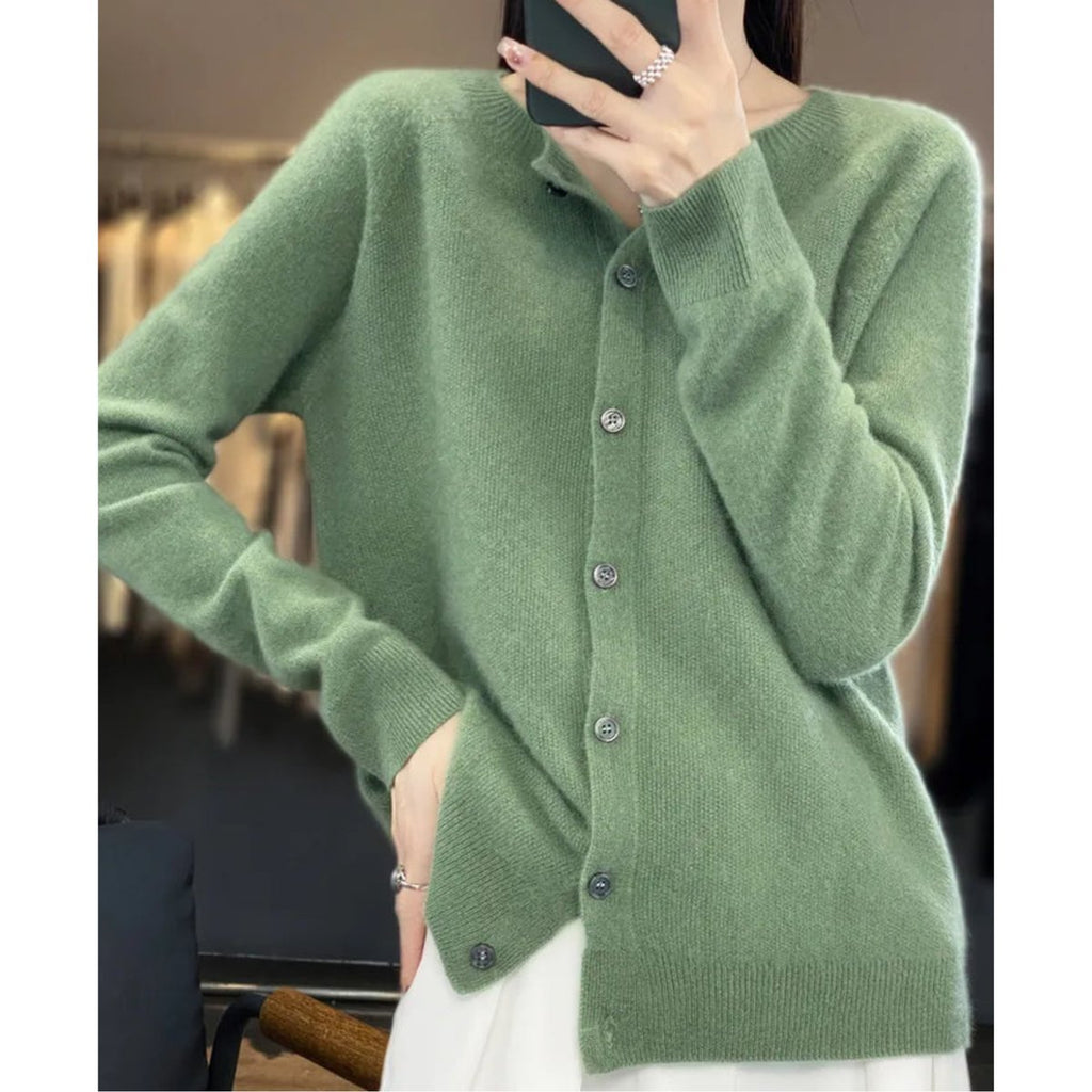 Women's Merino Wool Button-Front O-Neck Knit Cardigan - Light Green