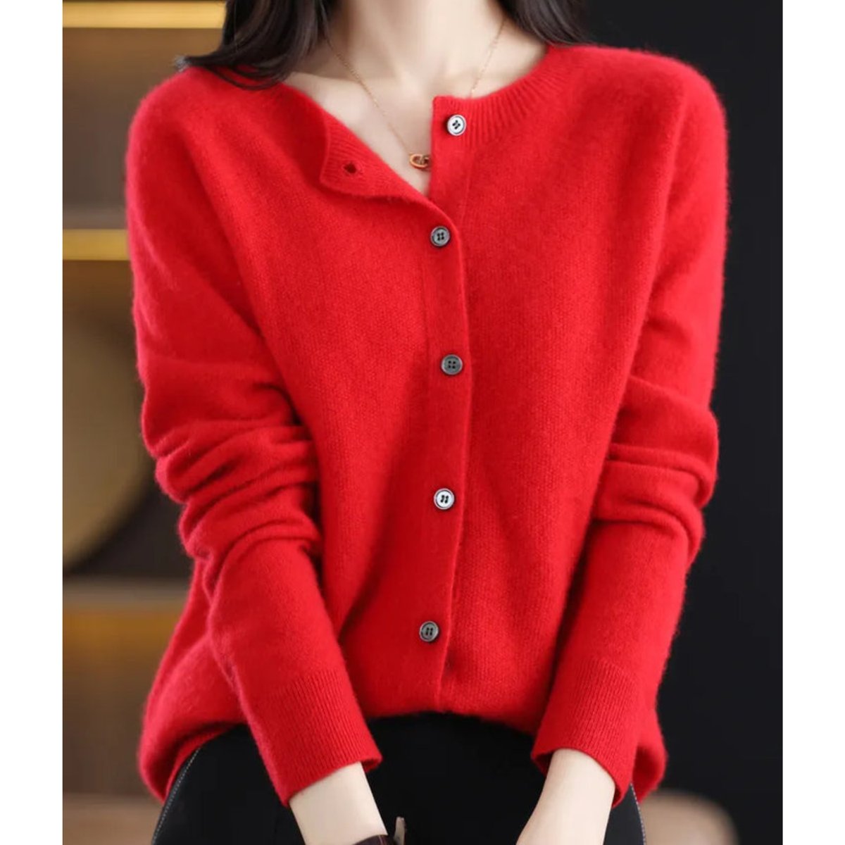 Women's Merino Wool Button-Front O-Neck Knit Cardigan - Red