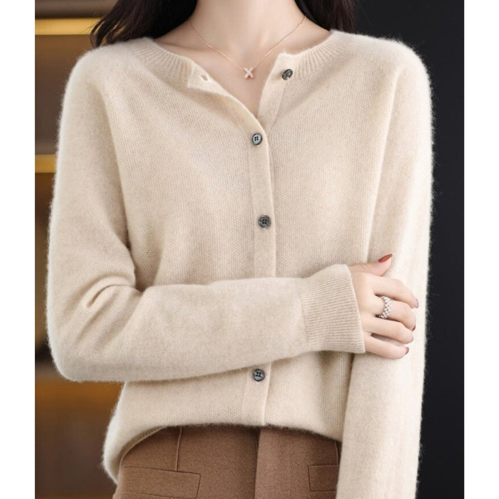Women's Merino Wool Button-Front O-Neck Knit Cardigan - Khaki