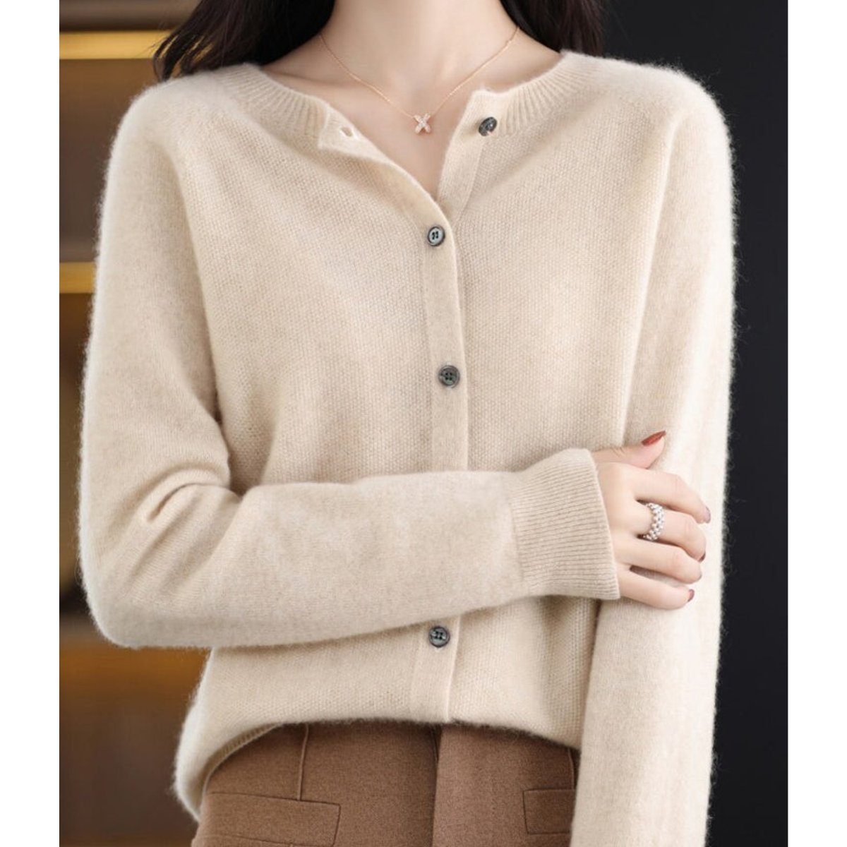 Women's Merino Wool Button-Front O-Neck Knit Cardigan - Khaki