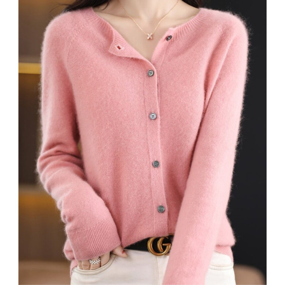 Women's Merino Wool Button-Front O-Neck Knit Cardigan - Light Pink