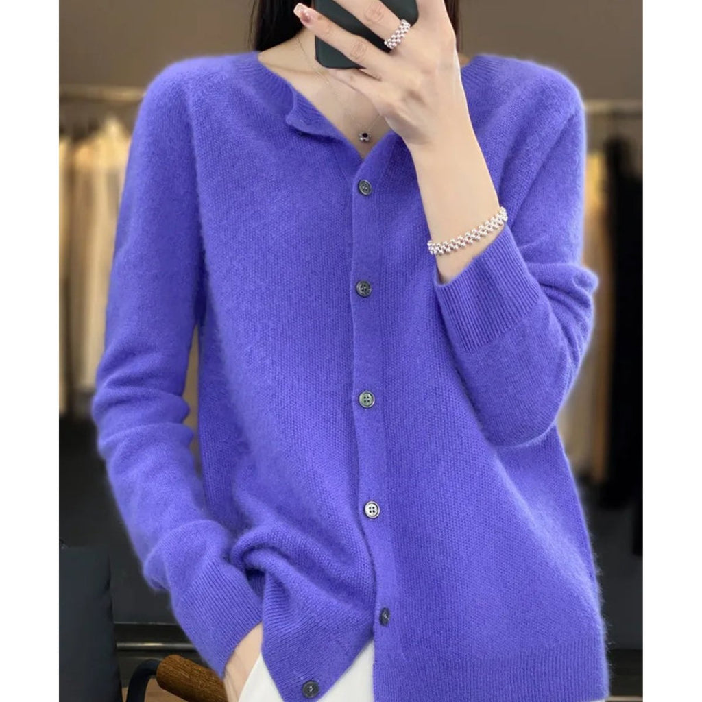 Women's Merino Wool Button-Front O-Neck Knit Cardigan - Dark Blue