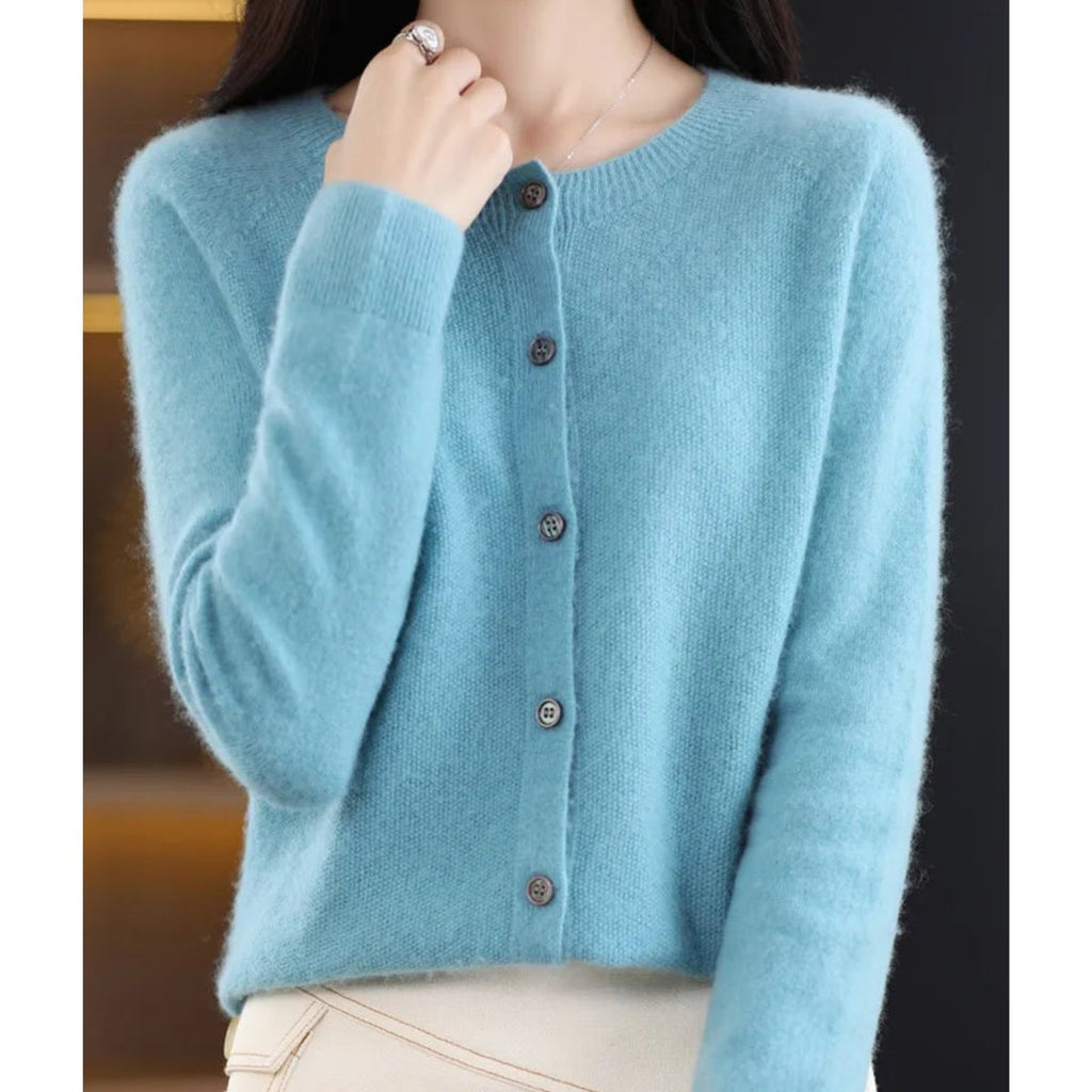 Women's Merino Wool Button-Front O-Neck Knit Cardigan - Light Blue