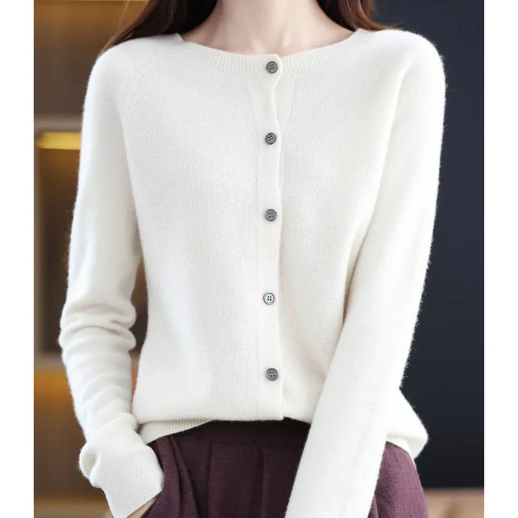 Women's Merino Wool Button-Front O-Neck Knit Cardigan - White