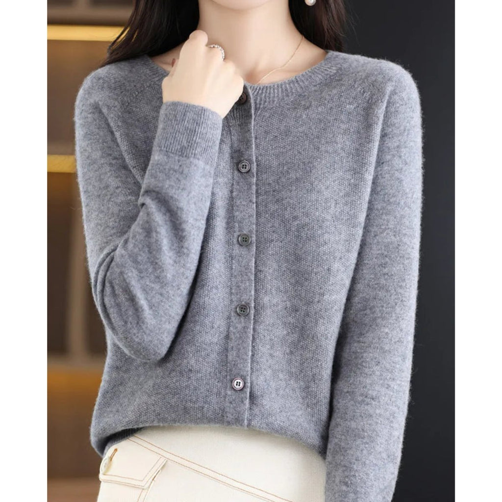 Women's Merino Wool Button-Front O-Neck Knit Cardigan - Gray