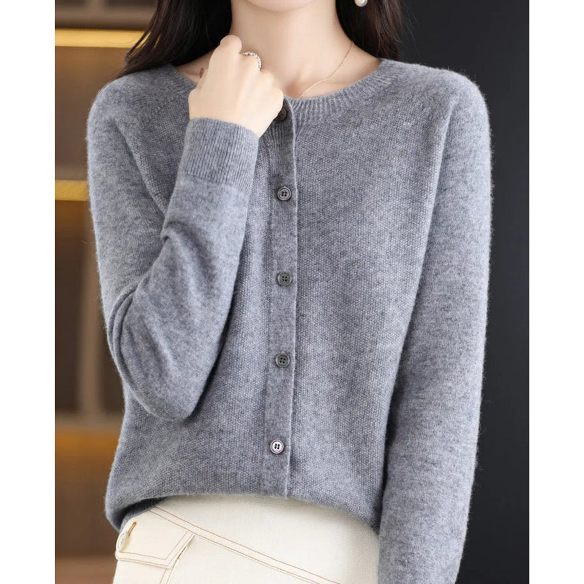 Women's Merino Wool Button-Front O-Neck Knit Cardigan - Gray