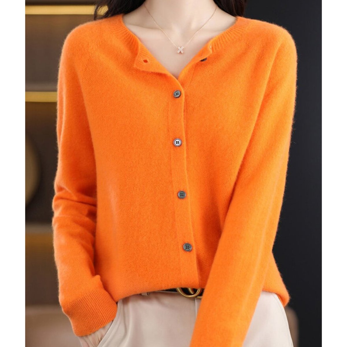 Women's Merino Wool Button-Front O-Neck Knit Cardigan - Orange