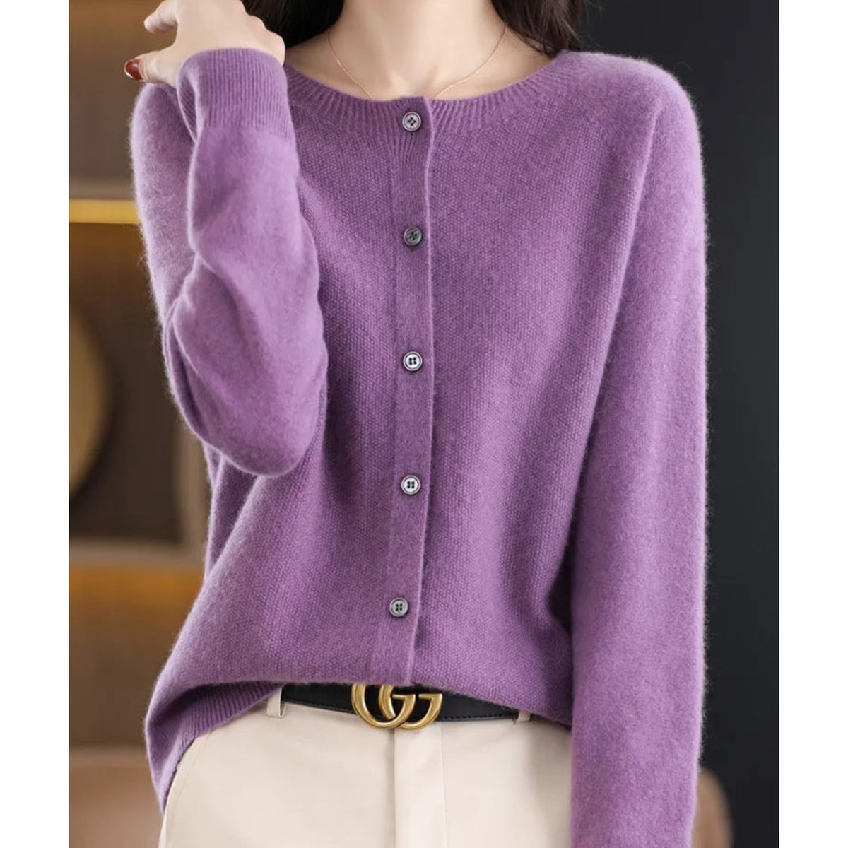 Women's Merino Wool Button-Front O-Neck Knit Cardigan - Lilac
