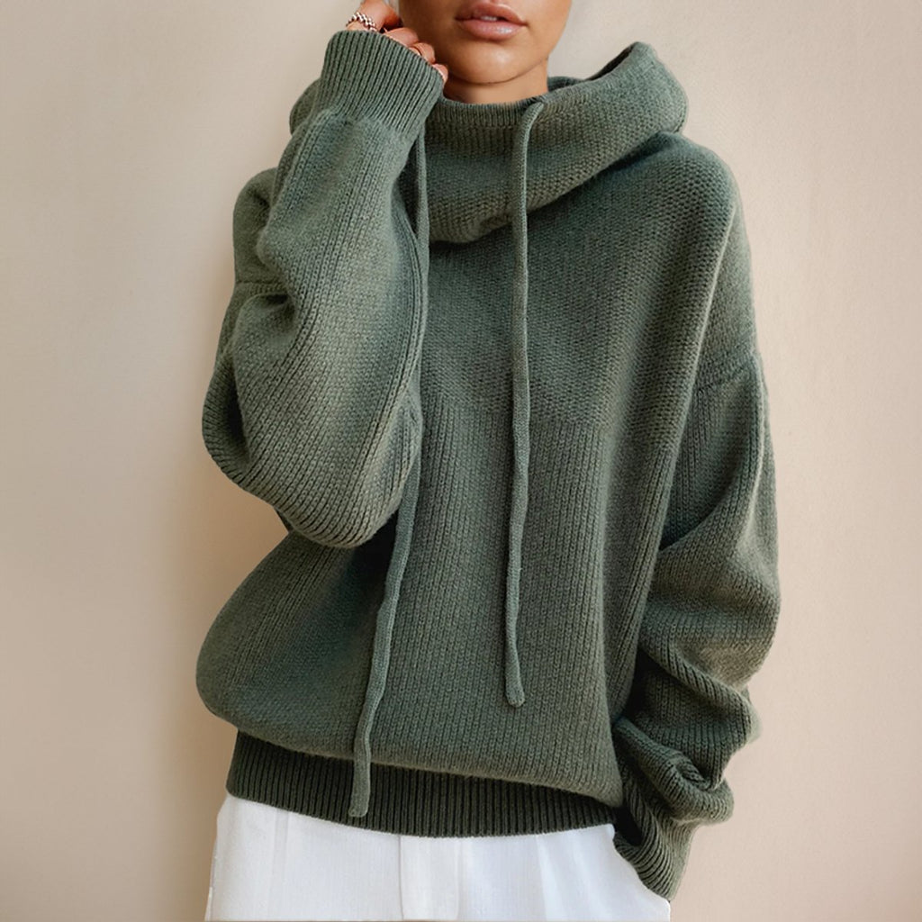 Women's Merino Wool Hooded Turtleneck Sweater Oversized Knit Pullover - Green