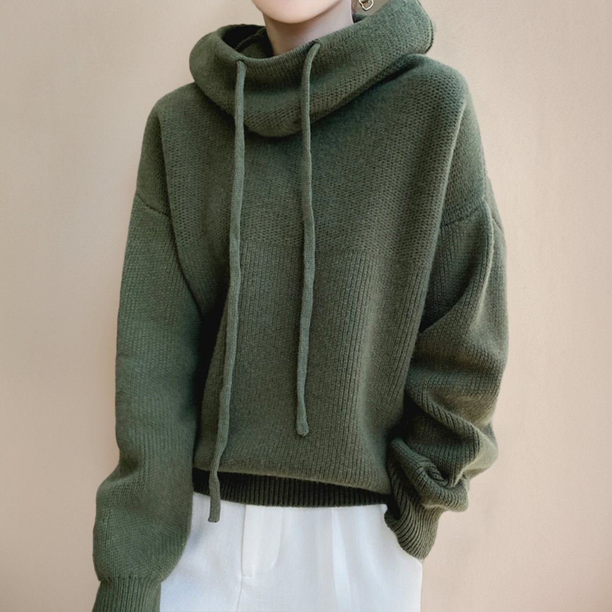 Women's Merino Wool Hooded Turtleneck Sweater Oversized Knit Pullover