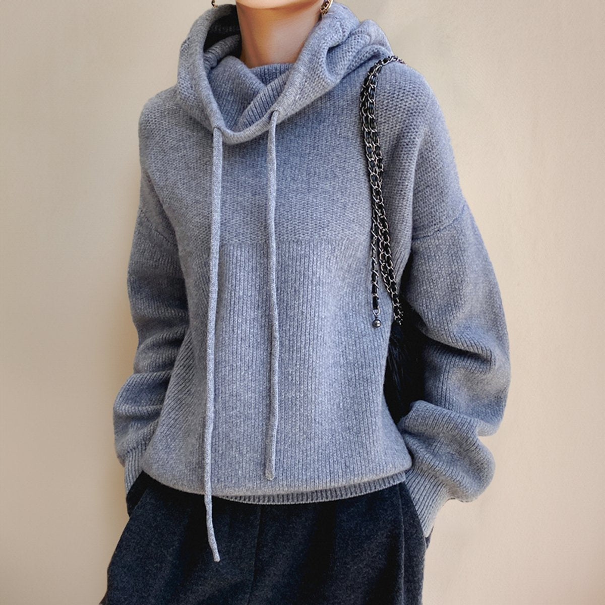 Women's Merino Wool Hooded Turtleneck Sweater Oversized Knit Pullover